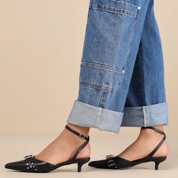 Lulus Rochaa Black Pointed-toe Studded Buckle Ankle Strap Pumps - Size 7 - Picture 1 of 1